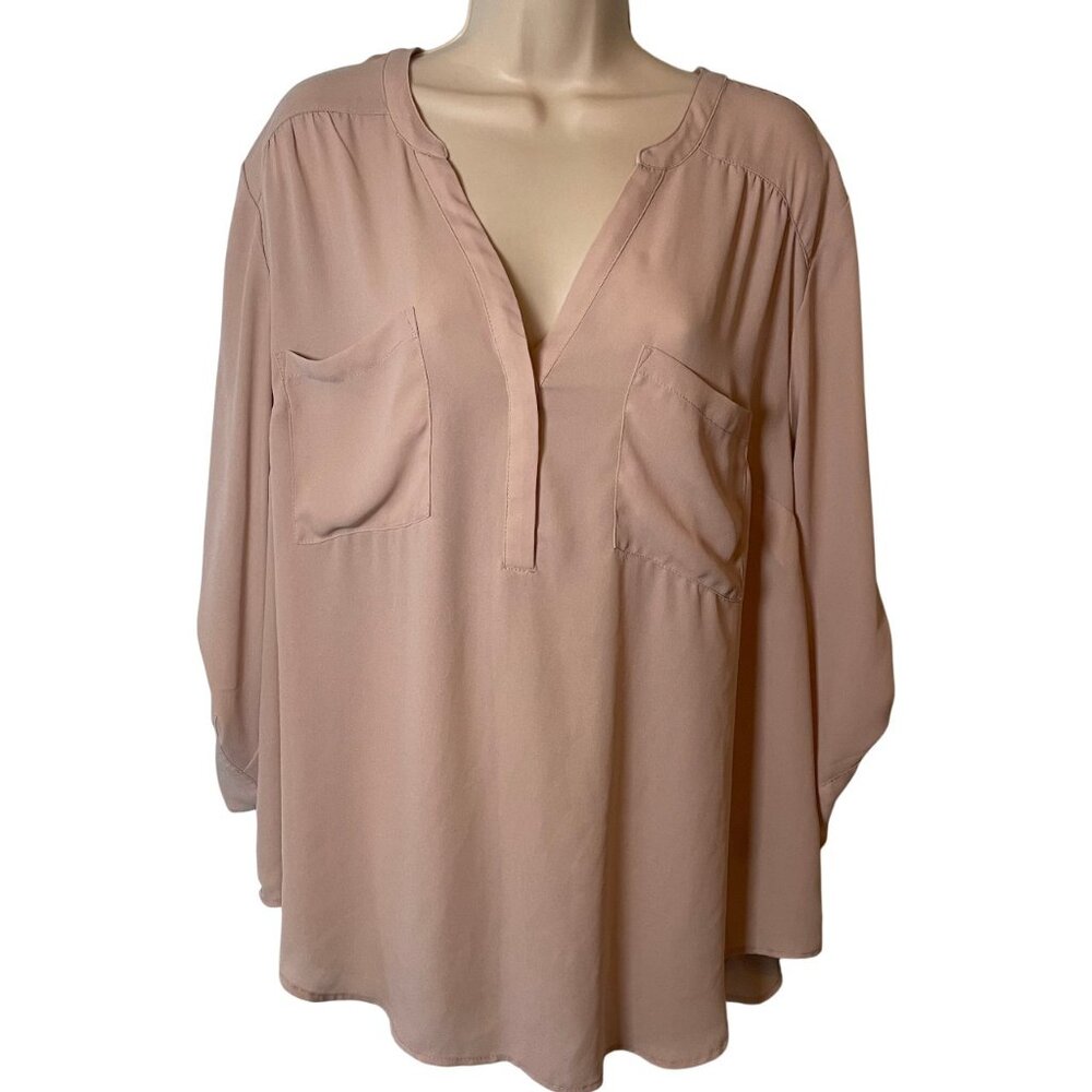 Torrid Harper Shirt Sz 2 Light Pink Pockets Sheer Roll Tab Sleeve Classic Career